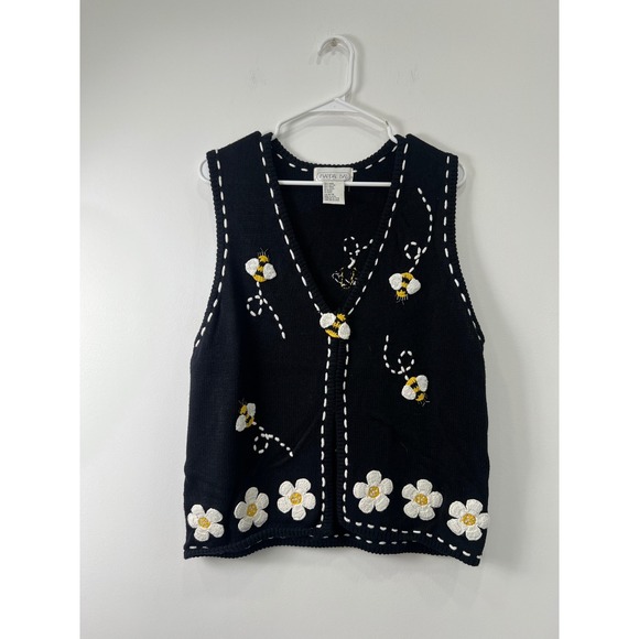 Mandal Bay Sweaters - Mandal Bay Sweater Vest Sz L Embroidered Bumble Bee Flower Teacher Grannycore